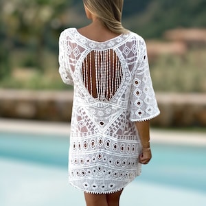 Crohet Boho Dress, White Summer Dress, Ibiza Dress
