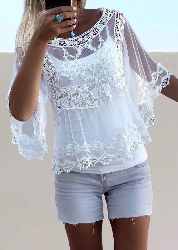 【idem】lace cape blouse アイボリー White Goddess Boho Top • Bohemian Cape Tunic • Organic