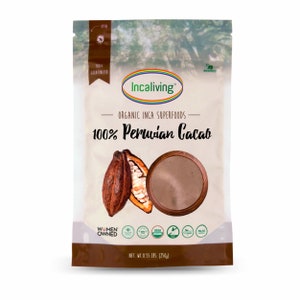 May include: A brown pouch with a white label that reads "Incaliving Organic Inca Superfoods 100% Peruvian Cacao". The pouch has a picture of cacao pods and a bowl of cacao powder. The label also includes a variety of certifications, including "Women Owned", "USDA Organic", "Non-GMO", "Paleo", and "Gluten-Free". The pouch is 0.55 lbs (250g).