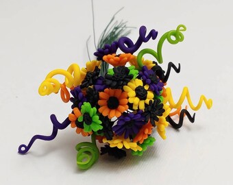 Miniature Polymer Clay Purple, Green, Orange, Yellow, and Black Gerbera Daisy Bouquet