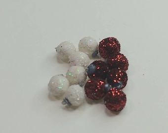 Miniature Polymer Clay Red and White Ornaments with Glitter - 1/12 Scale