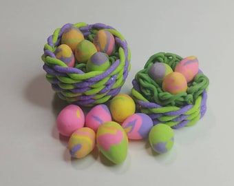 Miniature Polymer Clay Purple and Green Easter Baskets with Colorful Eggs