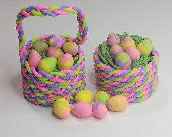Miniature Polymer Clay Purple, Green, and Pink Easter Baskets with Colorful Eggs