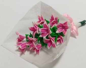 Miniature Polymer Clay White and Pink Stargazer Lilly with Leaves
