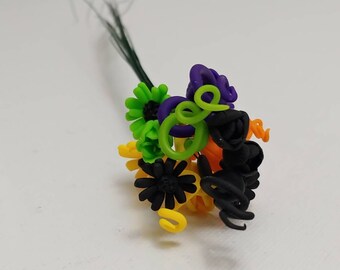 Miniature Polymer Clay Purple, Green, Orange, Yellow, and Black Gerbera Daisy Bouquet