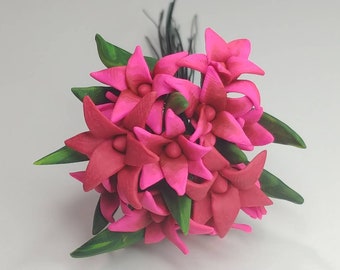 Miniature Polymer Clay Pink and Red Lilly with Leaves