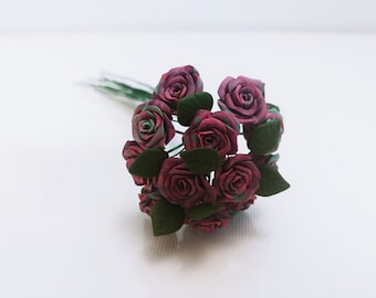 Miniature Polymer Clay Marble Pink, Aqua, and Purple Roses with Leaves