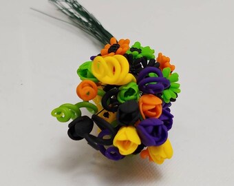 Miniature Polymer Clay Purple, Green, Orange, Yellow, and Black Gerbera Daisy and Tulip Bouquet
