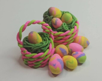 Miniature Polymer Clay Pink and Green Easter Baskets with Colorful Eggs
