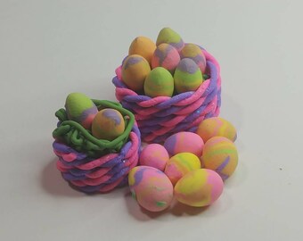 Miniature Polymer Clay Purple and Pink Easter Baskets with Colorful Eggs