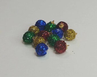 Miniature Polymer Clay Red, Green, Blue, and Gold Ornaments with Glitter - 1/12 Scale