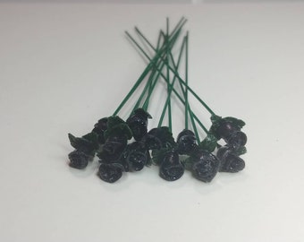Miniature Polymer Clay Black Glitter Roses with Leaves