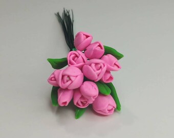 Miniature Polymer Clay Pink Tulips with Leaves