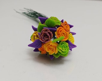 Miniature Polymer Clay Marble Purple, Green, Orange, and Yellow Roses Bouquet