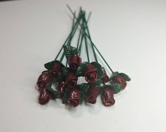 Miniature Polymer Clay Red Glitter Roses with Leaves