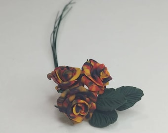 Miniature Polymer Clay Orange, Red, and Black Roses with Leaves