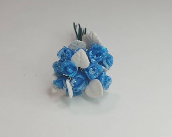 Miniature Polymer Clay Ice Blue Roses with White Leaves - 1/12 Scale