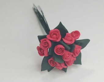 Miniature Polymer Clay Red Roses with Leaves - 1/12 Scale