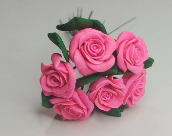 Miniature Polymer Clay Pink Roses with Leaves