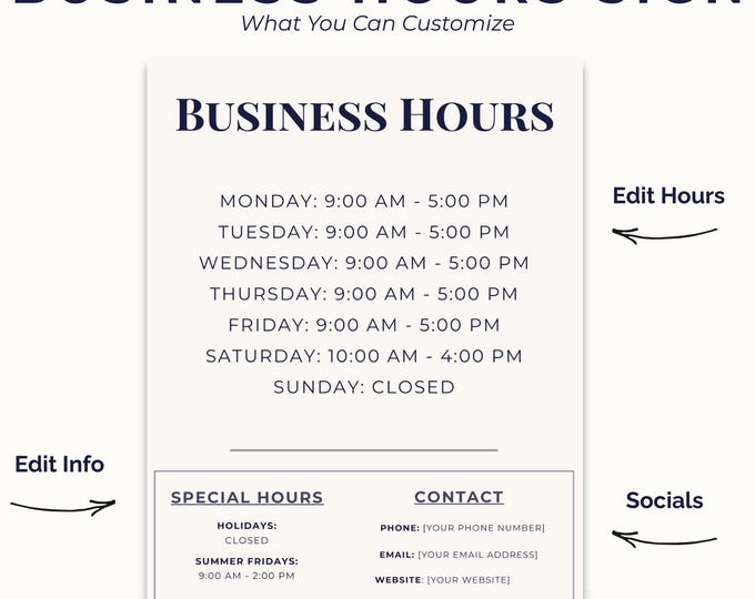 Receiving Hours Sign Editable Editable Business Hours Sign Template for Shops Offices and Events - Etsy