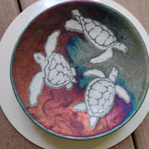 1980s Jeremy Diller sea Turtles  Pottery Iridescent Raku  Signed Bowl 8"