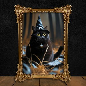 Halloween Wizard Cat meme Poster, Funny Whimsical Fat Black cat, Gothic Dark Academy Home Deco, Surreal dorm decor for college girl wall art