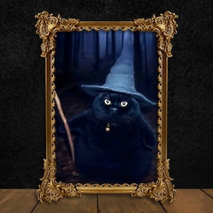 Halloween Wizard Cat meme Poster, Funny Whimsical Fat Black cat, Gothic Dark Academy Home Deco, Surreal dorm decor for college girl wall art