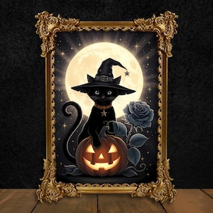 Cute Black Cat Living Room Poster, Vintage Halloween Wizard Cat Wall Art, Funny Whimsical Witch, Home dorm deco for college girl Spook Party