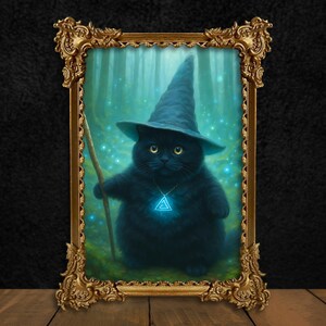 Halloween Wizard Cat meme Poster, Funny Whimsical Fat Black cat, Gothic Dark Academy Home Deco, Surreal dorm decor for college girl wall art