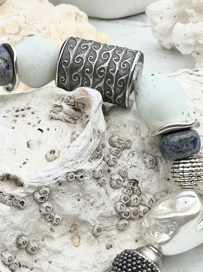 Anne Choi Bracelet Handmade One Kind African Trade Beads Recycled Glass Baroque Pearls Silver White Blue Gift image 7