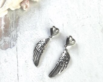 Silver Heart and Wings Earrings
