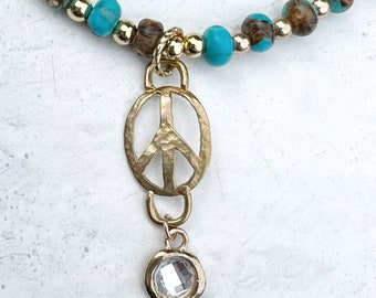 Women's Beaded Turquoise Necklace Gold Peace Sign and Crystal Boho Chic