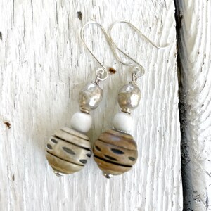 Jewelry Earrings Women Handmade Bohemian African Inspired Ethnic Wood  Glass Silver Beaded Sterling Silver Brown White