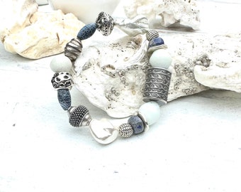 Anne Choi Bracelet Handmade One Kind African Trade Beads Recycled Glass Baroque Pearls Silver White Blue Gift