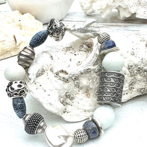 Anne Choi Bracelet Handmade One Kind African Trade Beads Recycled Glass Baroque Pearls Silver White Blue Gift image 2