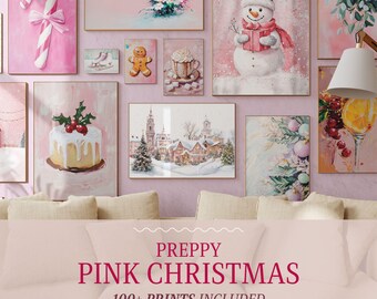 Preppy Christmas Wall Art Gallery Set // pastel christmas art, pink pastel christmas print, pink christmas decor, trendy christmas prints,