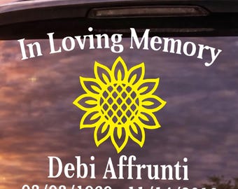 Sunflower Memorial Car Decal, In Loving Memory Sticker, Custom Name Date Tribute