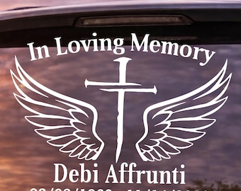 Memorial Cross Angel Wings Car Decal – In Loving Memory Tribute Sticker