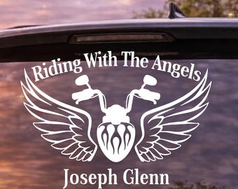 Motorcycle Memorial Decal Riding With The Angels, Riding in Heaven, In Loving Memory Biker Angel Wings Decal, Handlebar Motorcycle Memorial
