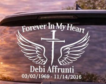 Memorial Cross Angel Wings Car Decal – Forever In My Heart Remembrance Vinyl Sticker