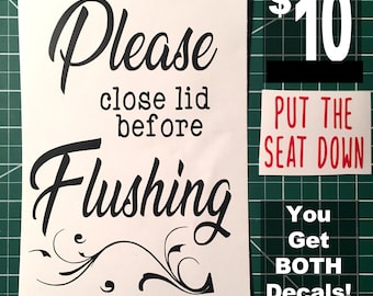 Toilet Decal Set: Please Close Lid & Put Seat Down - Bathroom Decor