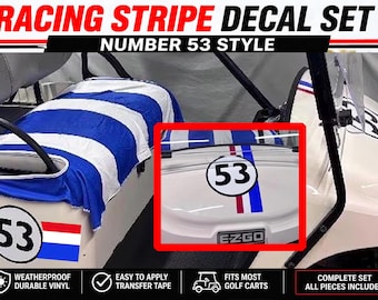 Golf Cart Racing Stripe Decal Set: Number 53 Classic Car Style Vinyl Graphics, w/ EXTRA SIDE STRIPES