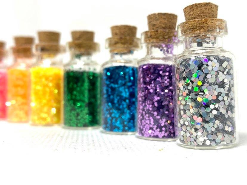 Fairy or Pixie Dust Rainbow in Glass Bottle single Colors or Set of 9  Bigger Bottles 