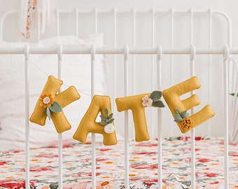 Mustard Flower Name Garland, Felt Name Banner, Floral Name Banner, Girl Nursery, One High Chair, Baby Name Garland