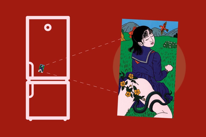 Toshio Saeki art FRIDGE MAGNET Love with a grass-snake image 1