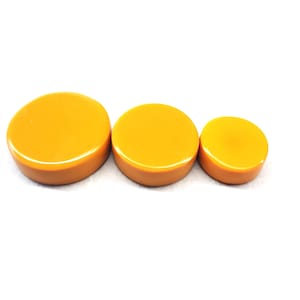 May include: Three round, orange-colored, plastic buttons of different sizes.