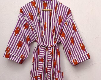 Women cotton summer kimono dress, Night robes, Bathrobe with belt