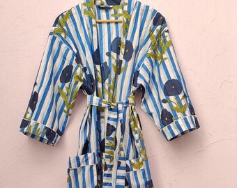 Women cotton summer kimono dress, Night robes, Bathrobe with belt