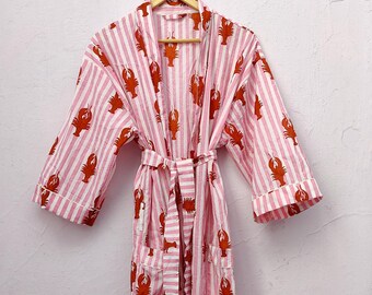 Women cotton summer kimono dress, Night robes, Bathrobe with belt