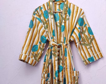 Women cotton summer kimono dress, Night robes, Bathrobe with belt